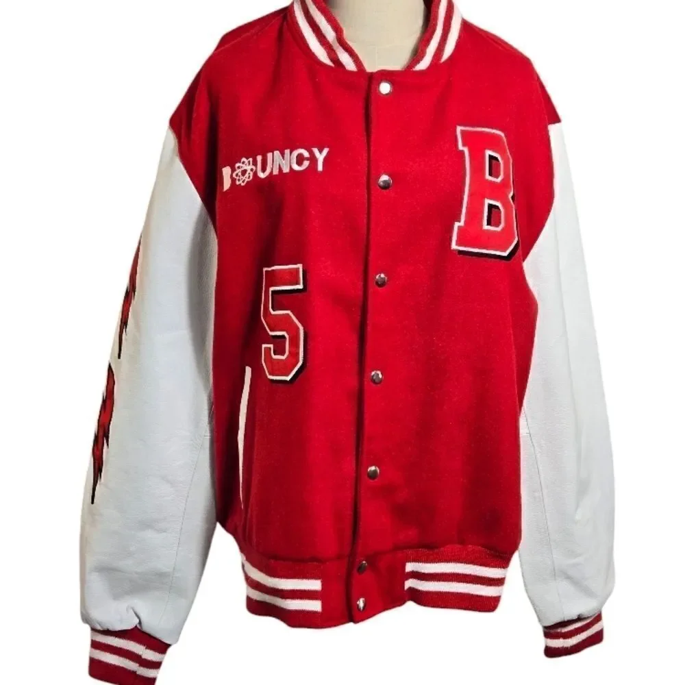 Bouncy Motive Red Varsity Jacket with White Sleeves